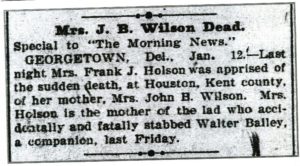 Mrs. J. B. Wilson Dead (The Morning News, Wilmington, DE, Thurs, Jan 13, 1898)